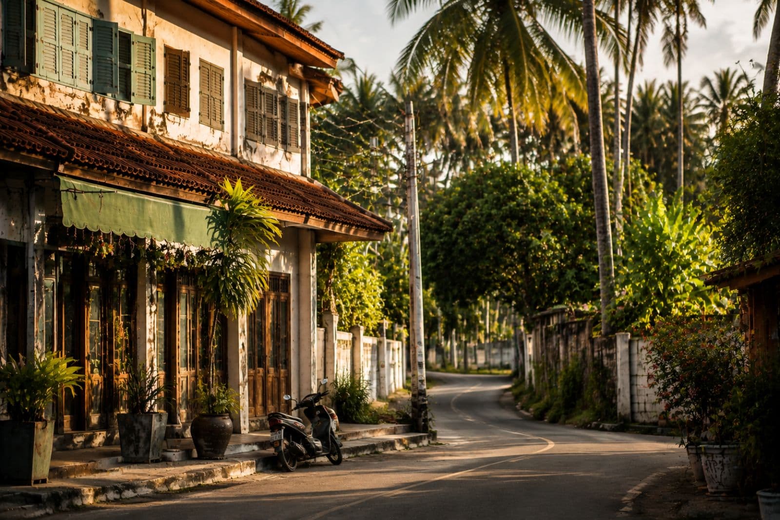 Rawai shophouse street in evening light