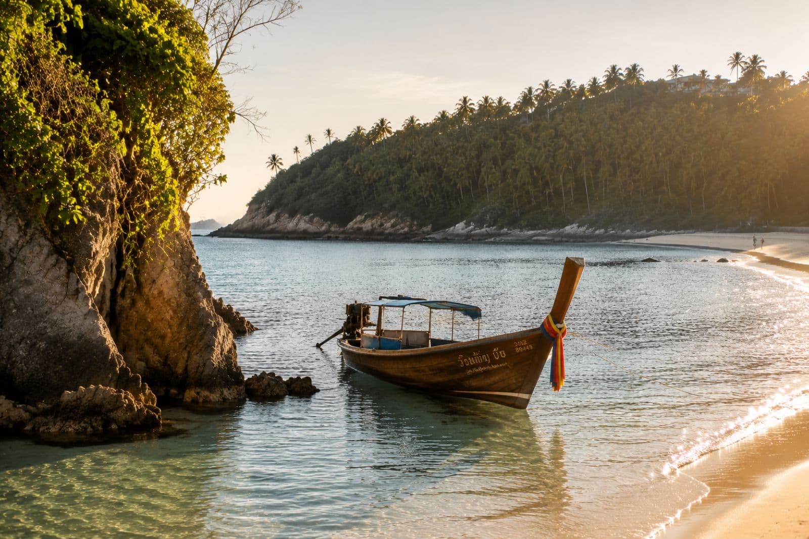 Longtail boat at a sheltered beach cove during golden hour