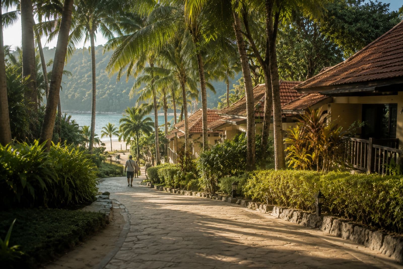 Resort pathway lined with palms leading to beachfront bungalows
