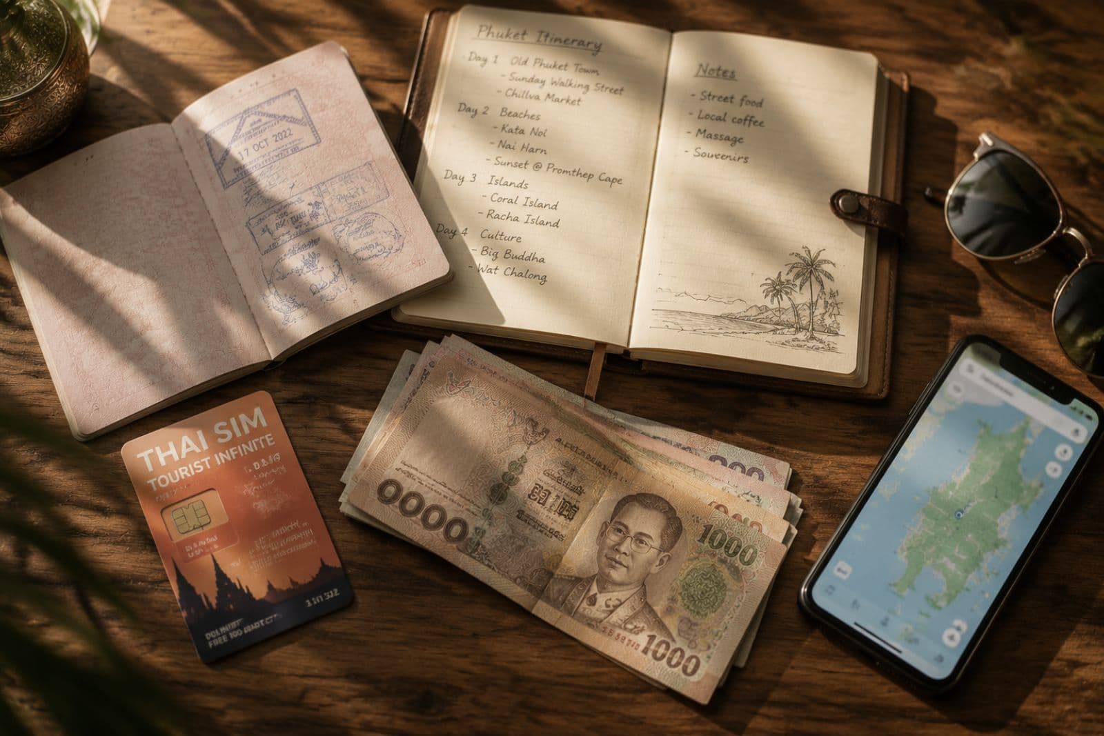 Flat lay of passport, Thai baht, SIM card, itinerary notebook, and phone showing Phuket map