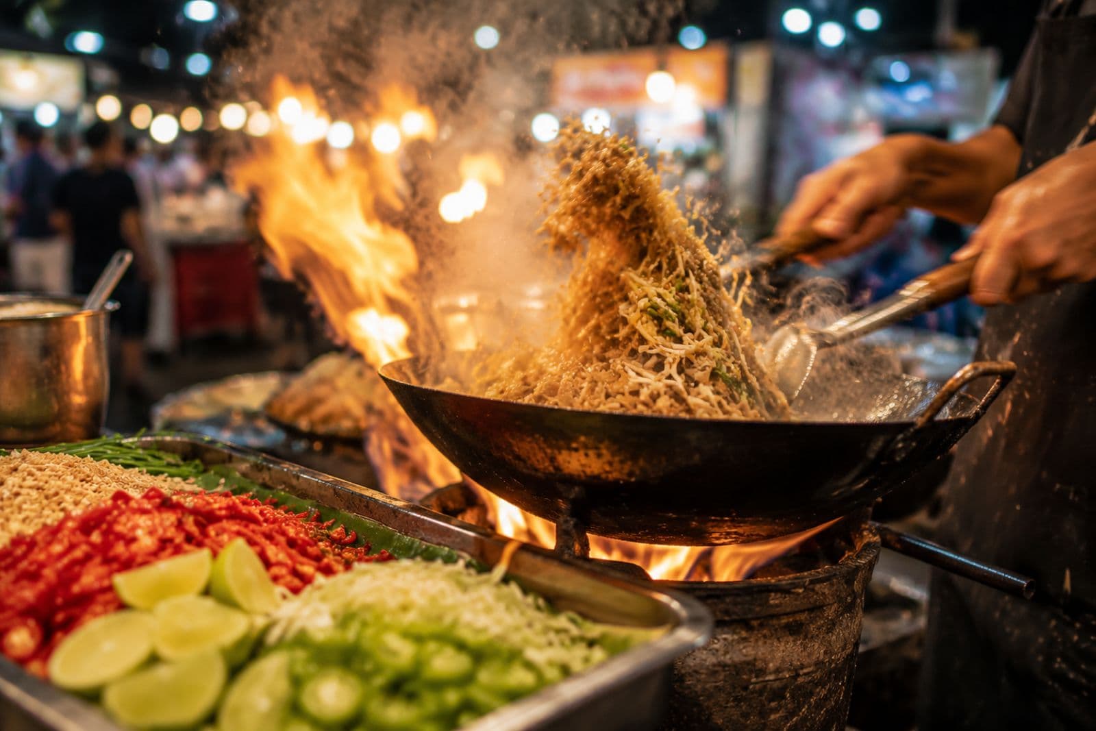 Wok cooking pad thai at a night market with flames